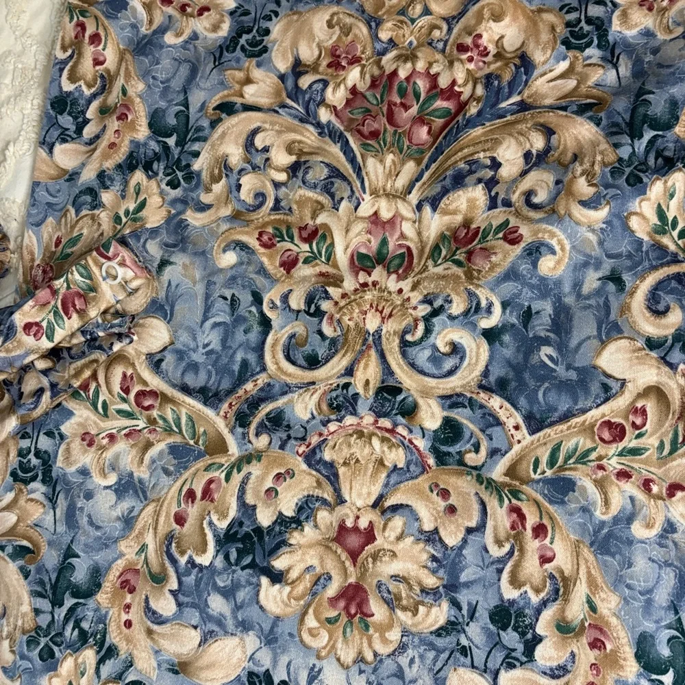 Elegant Blue and Gold Tapestry Fabric Shower Curtain, tie back, fabric rings.